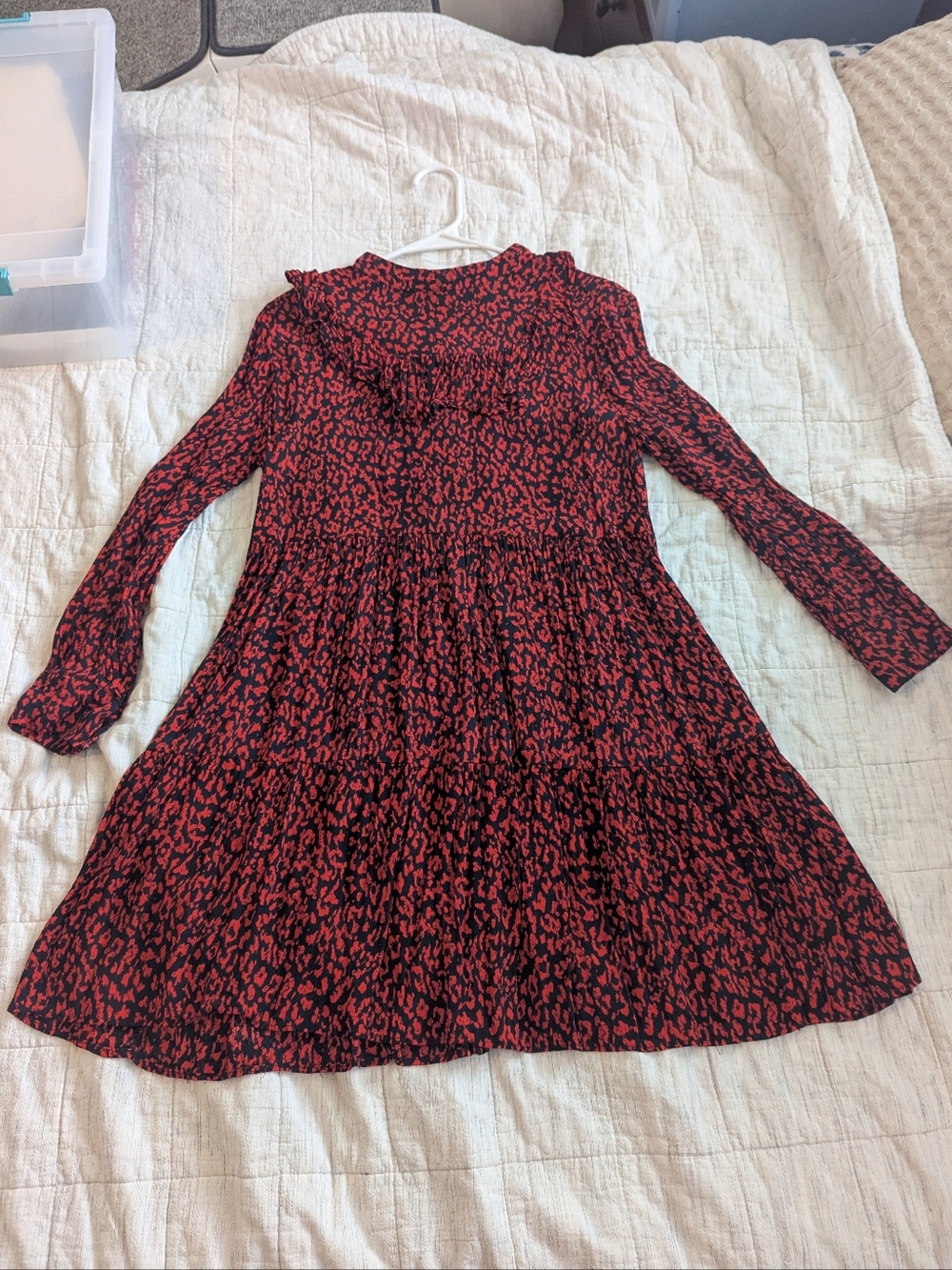 Zara Red & Black Animal Print Ruffle Long Sleeve Tiered Mini Dress Size Small
